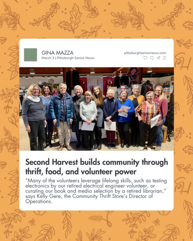 We’re honored to be featured in Pittsburgh Senior News, highlighting the many ways older adults help power Second Harvest through volunteer service.

From tagging clothing to stocking the Free Fridge, seniors across our community bring their time, talents, and life experience to the work we do every day. And as many of them say — volunteering also brings connection, purpose, and belonging. 

Tap the link in our bio to read the full story and learn how you can get involved.

@PittsburghSeniorNews