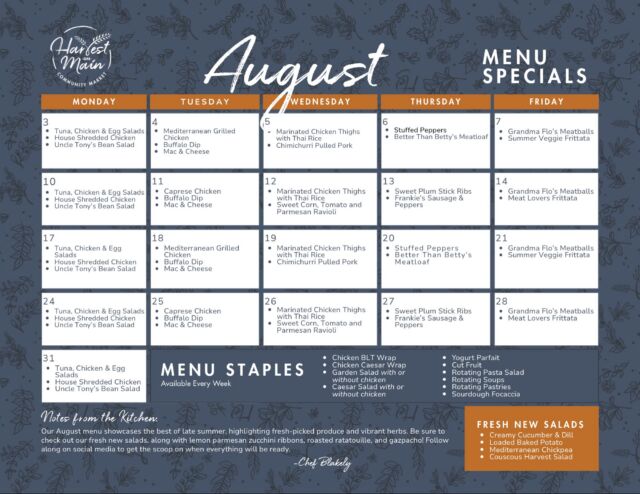 The best of late summer, one special at a time. ☀️🌽🍅

August’s menu is all about making the most of the season. Think sweet corn, ripe tomatoes, fragrant herbs, and fresh-picked vegetables transformed into scratch-made meals, hearty favorites, and fresh new salads.

Alongside neighborhood favorites like Grandma Flo’s Meatballs and Better Than Betty’s Meatloaf, you’ll find seasonal specials including Caprese Chicken, Sweet Corn, Tomato & Parmesan Ravioli, Stuffed Peppers, and more throughout the month.

Save this month’s menu, and follow along in our Stories to see what’s fresh from the kitchen each day.

📍 Harvest on Main • 808 Main Street, Sharpsburg