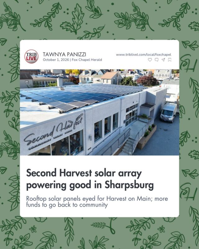 Good for the planet. Good for our community. ☀️ 

Thank you @TribLive for highlighting Second Harvest’s investment in solar—and the neighbors, donors, and partners who helped make it possible. 💛

Together with @TriboroEcodistrict and with the support of a generous matching donor, we expanded our thrift store’s solar array in 2023. Today, that investment is benefiting Harvest on Main, too—and has us dreaming about what’s next: rooftop solar at the market. 💡

Read the full story and learn what’s ahead at the link in our bio.